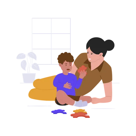 Mother Playing Toys With Son Flat Vector Illustration Isolated On White Background Illustration
