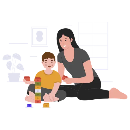 Mother Playing Toys With Son Flat Vector Illustration Isolated On White Background Illustration
