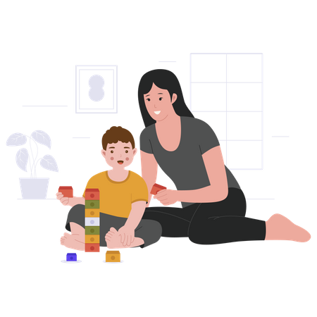 Mother playing toys with son  Illustration