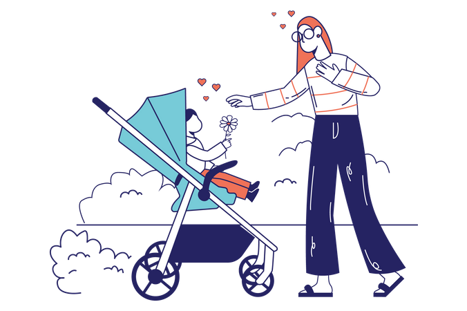 Mother playing with baby sitting in stroller Illustration