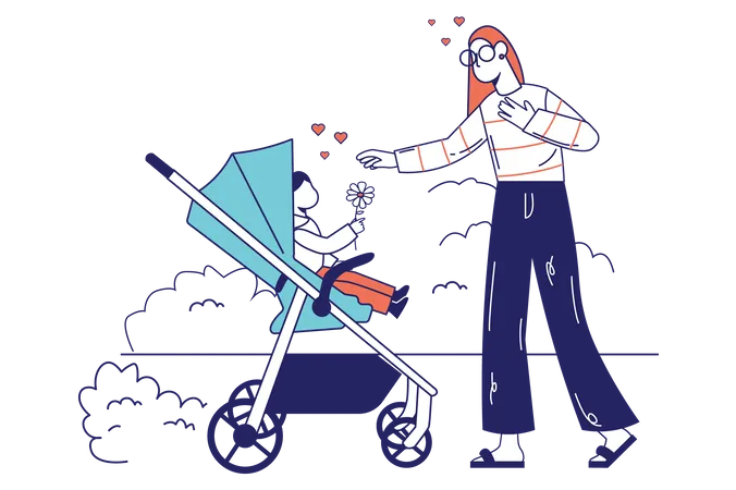 Mothers Day Concept In Flat Line Design For Web Banner Little Son In Stroller Gives Flower To Mom For Holiday Children S Greetings Modern People Scene Vector Illustration In Outline Graphic Style Illustration