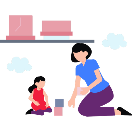 Mother Playing With Blocks  Illustration