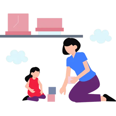 Mother Playing With Blocks  Illustration