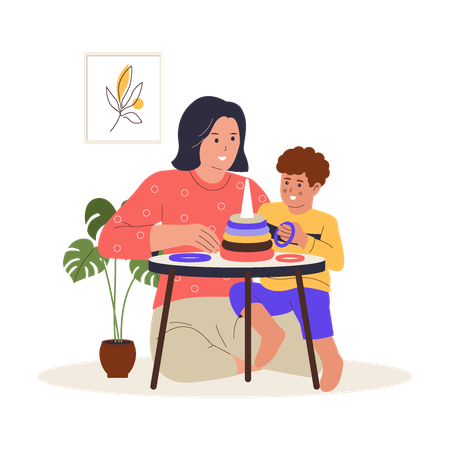 Mother Playing with Kid Using Educational Toys  Illustration