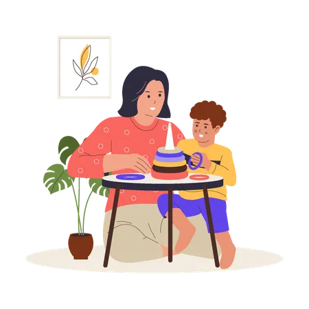 Mother Playing with Kid Using Educational Toys  Illustration