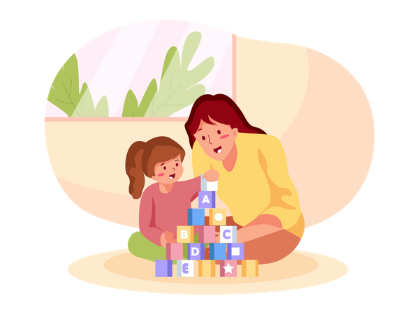 Mother playing with kids at home  Illustration