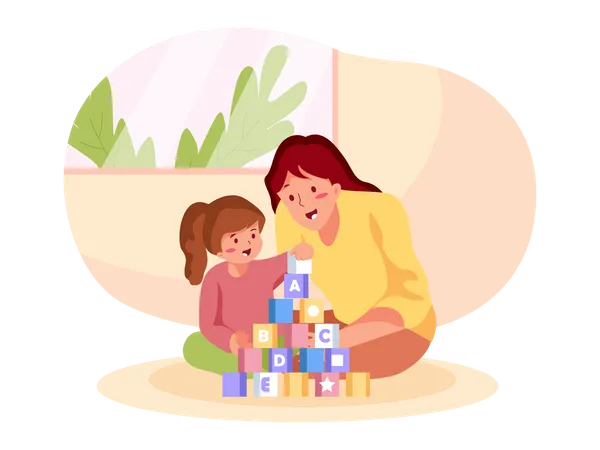 Mother playing with kids at home  Illustration