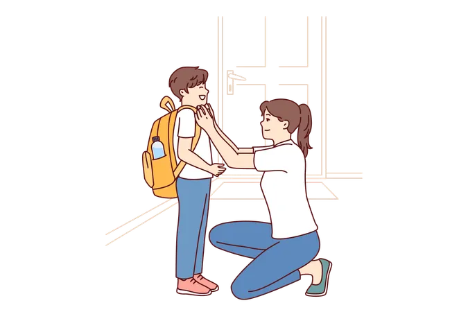 Single Mother Prepares Young Son Of Student In Elementary School As Trip To Lessons And Helps To Put On Briefcase Kneeling Down Caring Mother Dresses Teen Boy For First Day Of School Illustration