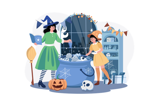 Mother preparing drink for Halloween with daughter  Illustration