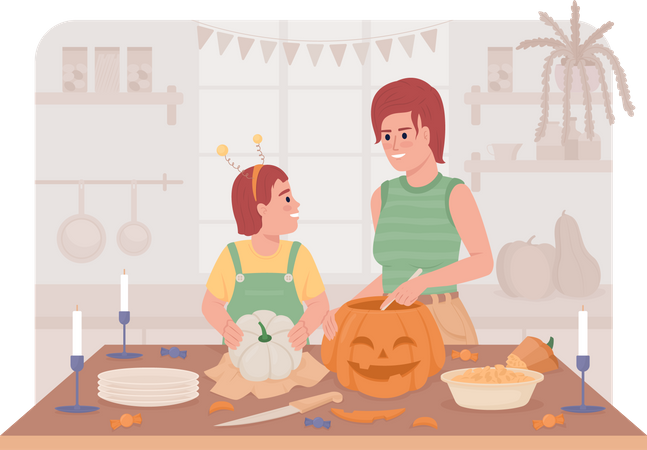 Mother preparing pumpkin with daughter Illustration