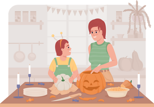 Mother preparing pumpkin with daughter  Illustration