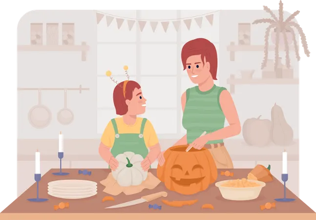 Mother preparing pumpkin with daughter  Illustration