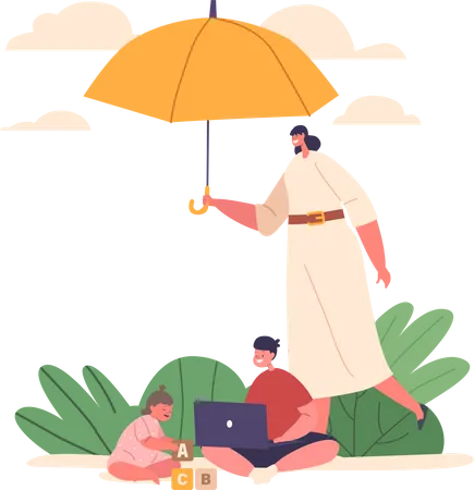 Mother Shield Little Kids Under An Umbrella Symbolizing Family Protective Embrace It Embodies The Concept Of Safety And Care Keeping Loved Ones Sheltered From Dangers Cartoon Vector Illustration Illustration