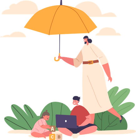 Mother protect her little kids  Illustration