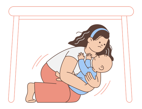 Mother protecting baby during earthquake  Illustration