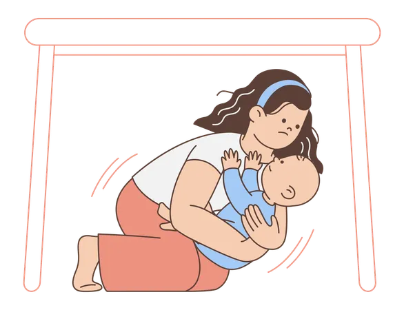 Mother protecting baby during earthquake  Illustration