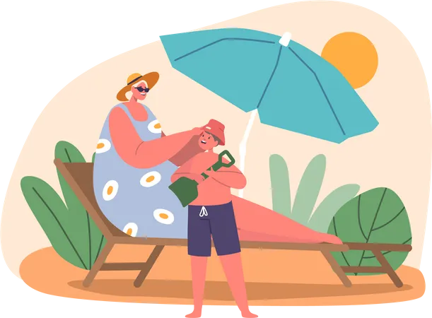 Mother Placed A Panama Hat On Her Young Sons Head As They Enjoyed Their Time On The Beach Protecting Him From The Sun In Style Mom And Kid Family Characters Cartoon People Vector Illustration Illustration