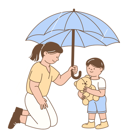 Mother Protecting Son with Umbrella  Illustration
