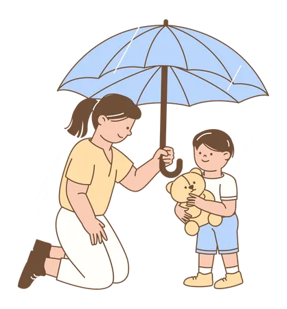 Mother Protecting Son with Umbrella  Illustration
