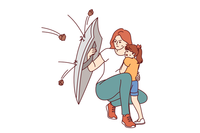 Mother protects little daughter from flying stones using steel shield demonstrating courage  イラスト