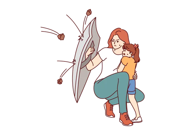 Mother Protects Little Daughter From Flying Stones Using Steel Shield Demonstrating Courage And Dedication In Raising Children Caring Mother Saves Frightened Girl From Attacks Of Others Illustration