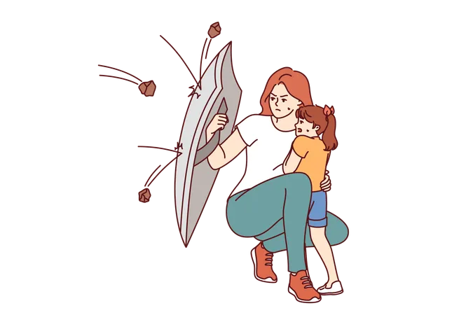 Mother protects little daughter from flying stones using steel shield demonstrating courage  Illustration