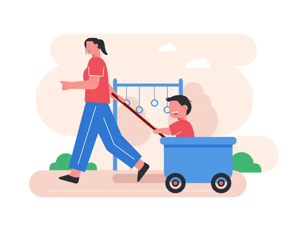 Mother pulling her kid in trolley  Illustration