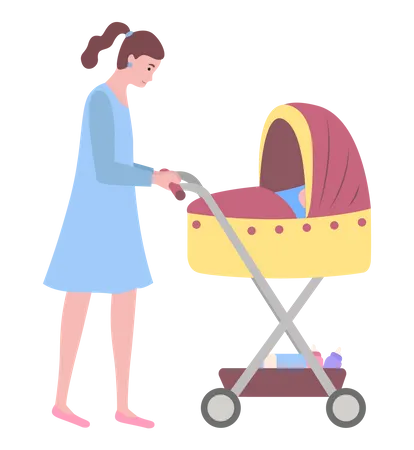 Mother pushing baby cart  Illustration
