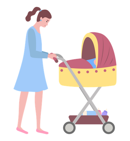 Mother pushing baby cart  Illustration