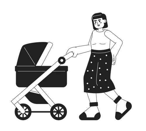 Going For Walk Monochrome Concept Vector Spot Illustration Babysitter Mother Pushing Baby Stroller 2 D Flat Bw Cartoon Characters For Web UI Design Parenting Isolated Editable Hand Drawn Hero Image Illustration