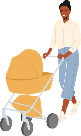 Mother Pushing Carriage with Newborn Baby  Illustration