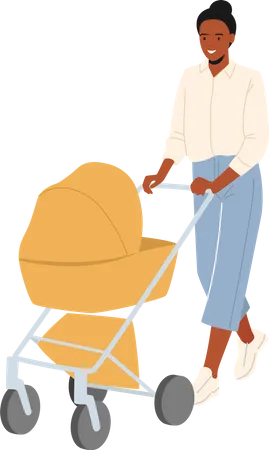 Mother Pushing Carriage with Newborn Baby  Illustration