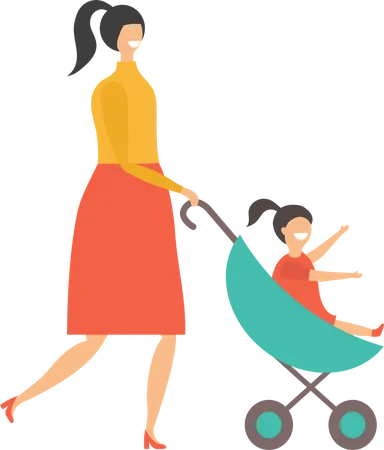 Mother pushing daughter in Stroller  Illustration