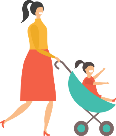 Mother pushing daughter in Stroller  Illustration