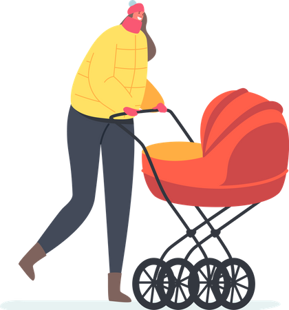 Best Premium Mother Pushing Pram with Newborn Baby Illustration download in  PNG & Vector format
