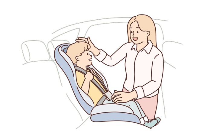 Mother puts son in car seat to ensure safety of child during transportation to kindergarten  Illustration