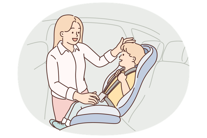 Mother puts son in car seat to ensure safety of child during transportation to kindergarten  Illustration