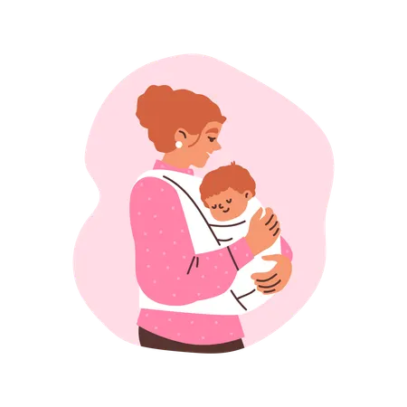 Mother putting baby to sleep in fabric sling  Illustration
