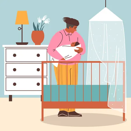 Mother putting infant to sleep in bed  Illustration