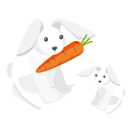 Mother rabbit bringing carrot for baby rabbit  Illustration