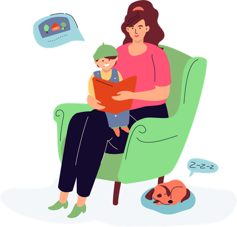 Mother reading a book to her son  Illustration