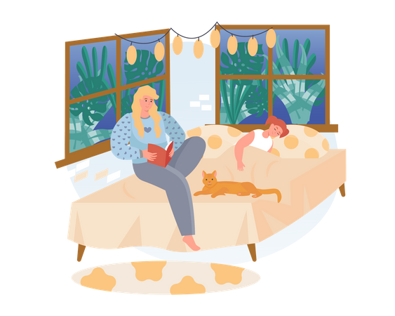 Mother reading a book while Daughter sleeping on bed Illustration