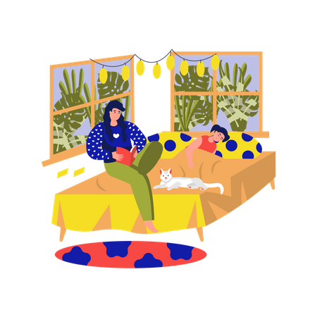 Mother reading a book while Daughter sleeping on bed Illustration