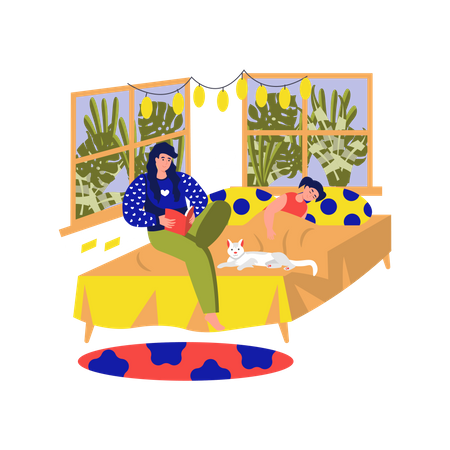 Mother reading a book while Daughter sleeping on bed  Illustration