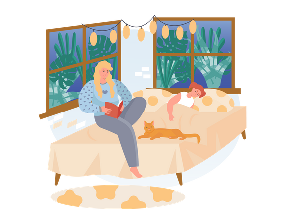 Mother reading a book while Daughter sleeping on bed  Illustration