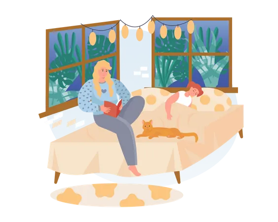 Mother reading a book while Daughter sleeping on bed  Illustration