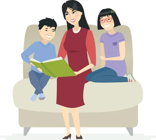 Mother Reading A Fairytale Cartoon People Characters Illustration On White Background Young Smiling Woman With Her Two Children Sitting On A Chair Holding A Book Happy Chinese Family Concept Illustration