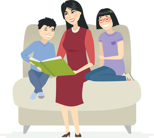 Mother reading a fairytale with kids  Illustration