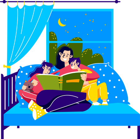 Mother reading bedtime story to kids  Illustration