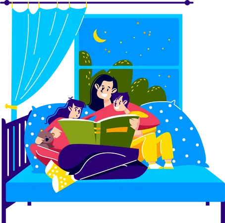 Mother reading bedtime story to kids Illustration